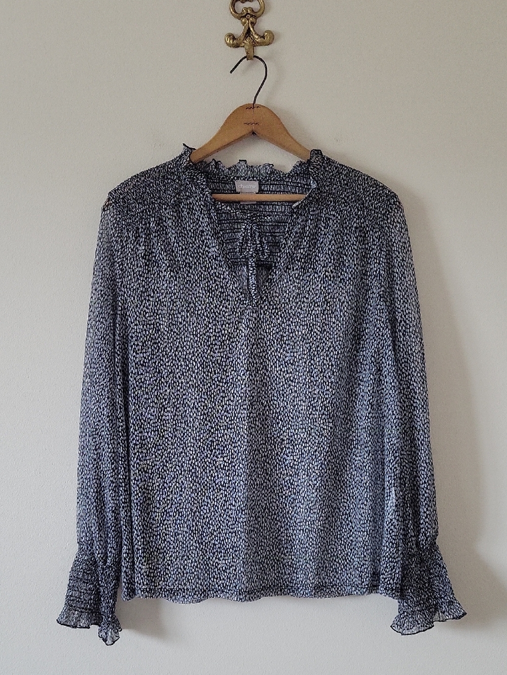 Chico's Black White Smocked Sheer Mesh Blouse‎ Size Large